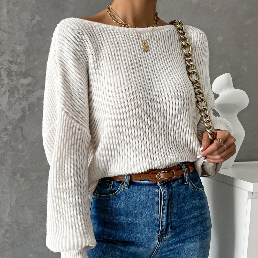 Twist Back Drop Shoulder Boat Neck Sweater - Picture 5 of 5